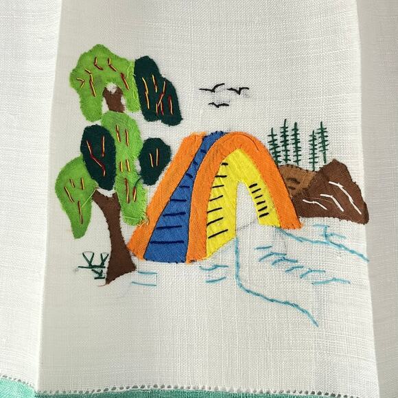 50s Camping Tea Towel Embroidered Lace Applique Forest Lrg Vtg Table Doily Linen - Picture 6 of 6